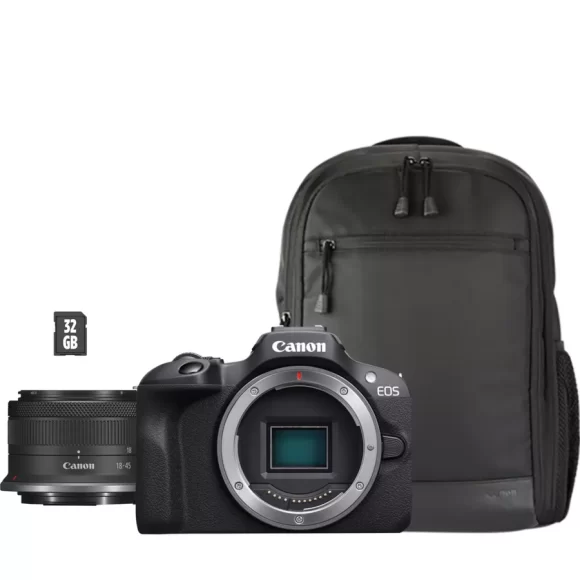 Cámara mirrorless Canon EOS R100 + Objetivo RF-S 18-45mm F4.5-6.3 IS STM + Mochila + Tarjeta SD