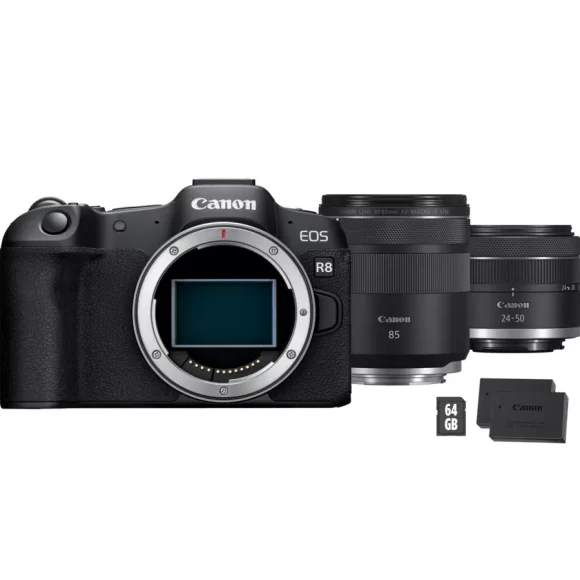 Cámara mirrorless Canon EOS R8 en negro + objetivo RF 85mm Macro IS STM + objetivo RF 24-50mm IS STM